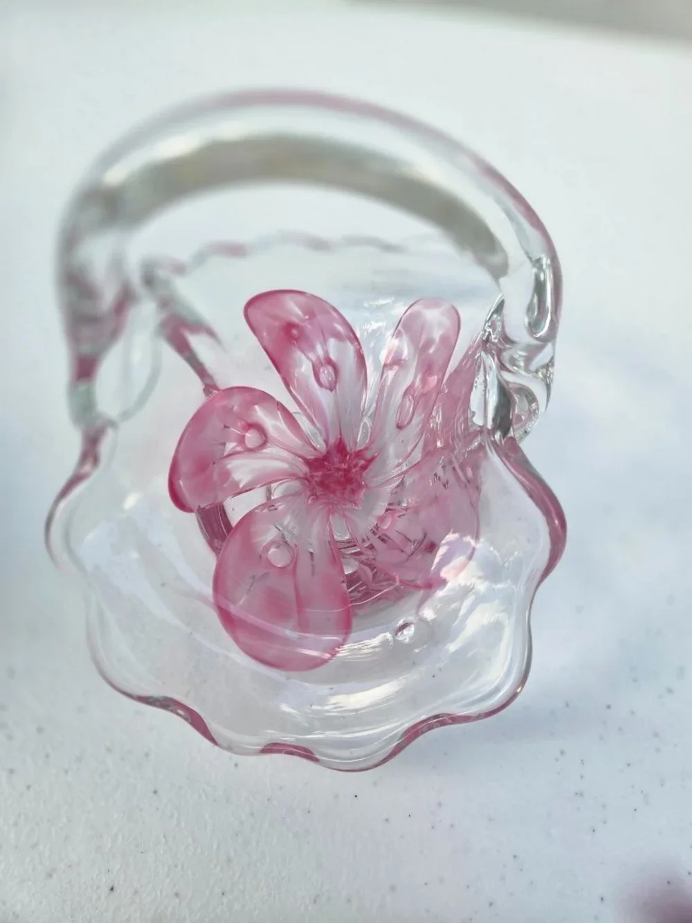 Kerry Zimmerman 1989 Handcrafted Glass Basket With Pink Floral Design